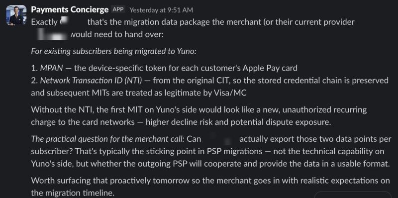 Payments Concierge agent answering in Slack