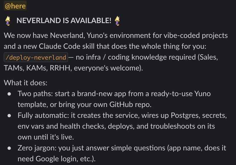 Neverland launch announcement on Slack